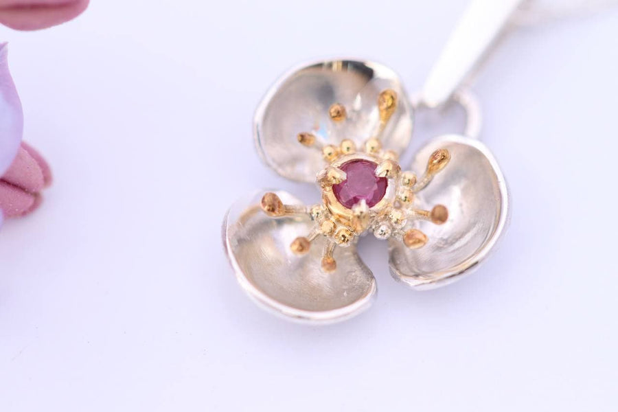 Silver Flower Pendant with Ruby